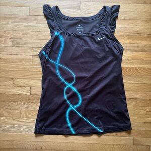 Nike Womens L Black Dri Fit Racerback Tank Blue Abstract Design Ruffle Shoulder